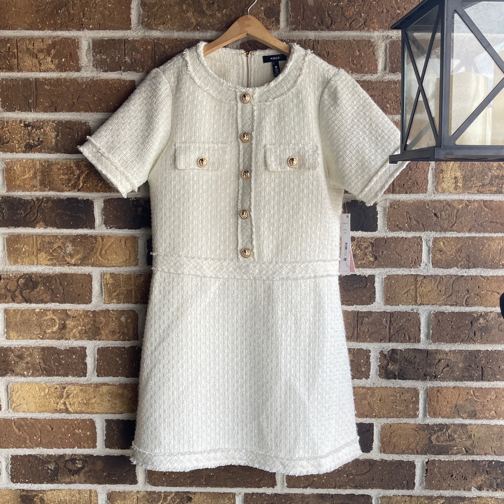 New AQUA
Tweed Short Sleeve Mini Dress Cream Tweed Dress with Gold Buttons - Picture 12 of 16